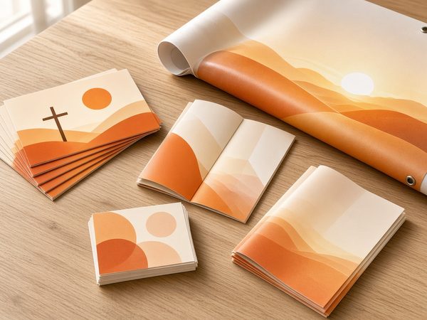 Printed postcards, brochures, business cards, programs and a vinyl banner laid out on a wooden table