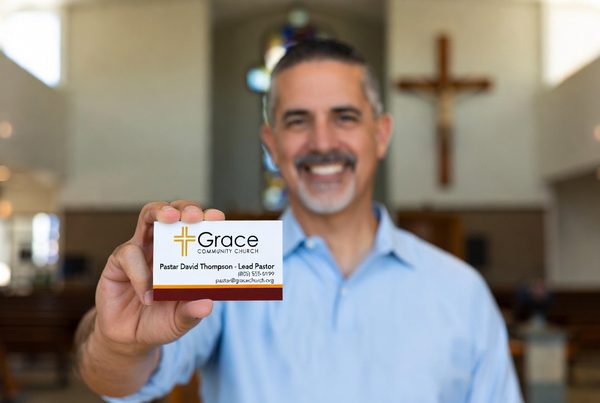 Man holding up a church business card